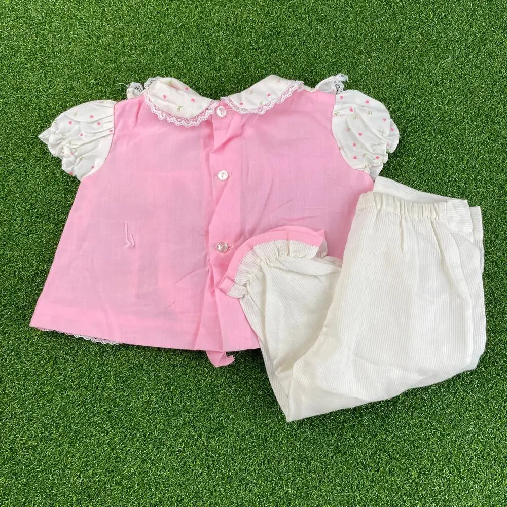 Vintage Catton Candy White Pink Lace Trim Dress Pants Set